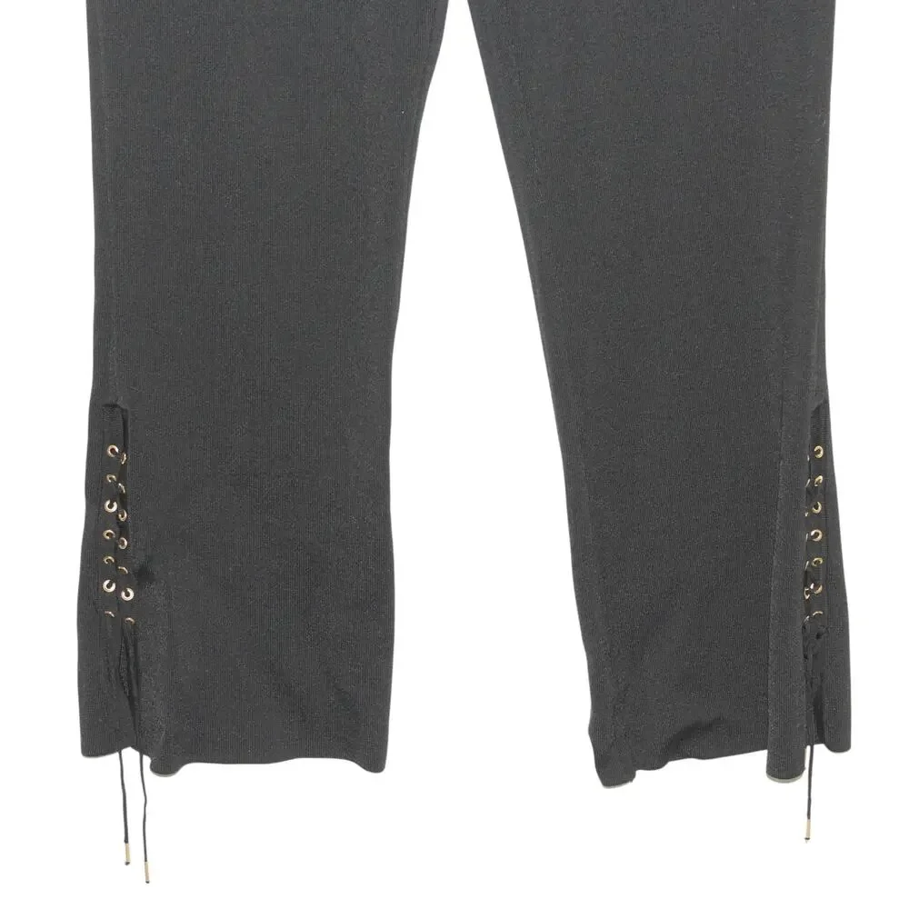 Vintage Escada Black Ribbed Knit Pants w/ Lacing Detail Size 46 XL